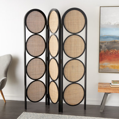 Bartle Black Wooden Geometric Handmade Arched Foldable 3 Panel Partition Room Divider Screen with Woven Cutouts