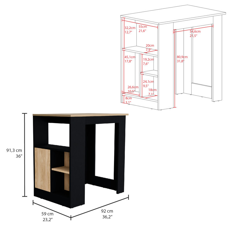 Black & Natural Oak Kitchen Island With 1-Door Storage Cabinet And Side Shelves Handy