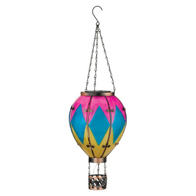 23.5" Hanging Solar Hot Air Balloon Lantern with Glass Panels and Metal Frame.