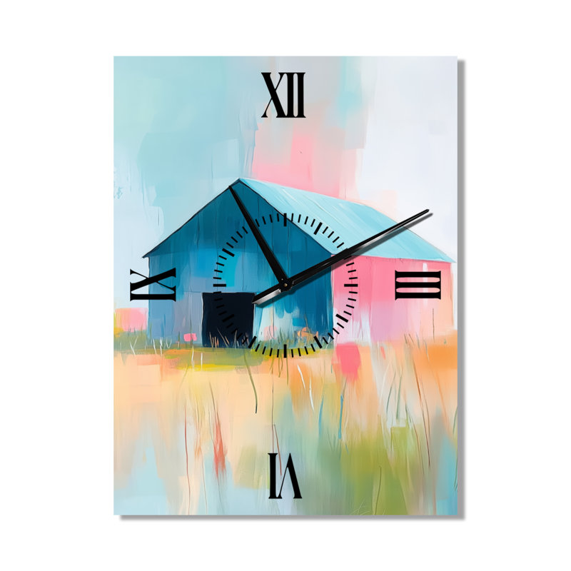 Grange aux champs d'été bleus au crépuscule III - Horloge murale en métal de style champêtre, H 32 po x l 24 po - Rectangle