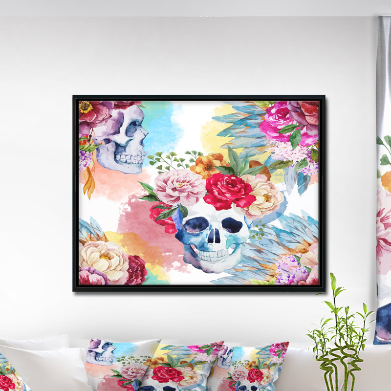 Peinture de crâne ethnique avec fleurs, H 12 po x l 20 po x P 1 po, Toile avec cadre flottant