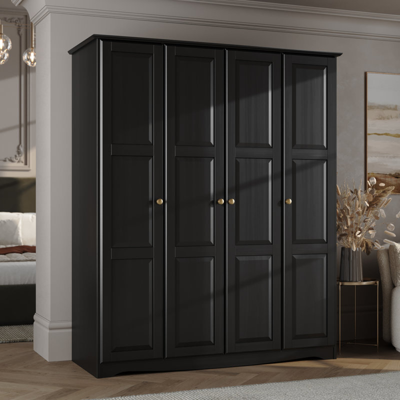 100% Solid Wood Pascarella Wardrobe Armoire with Metal Knobs, Black