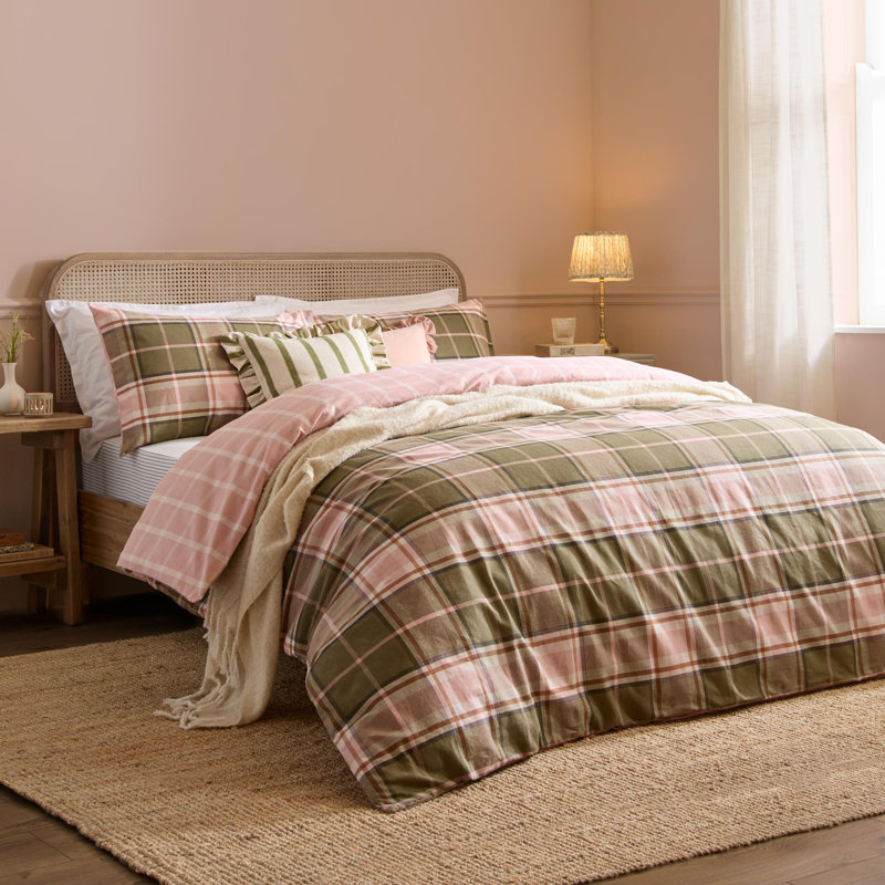 Braemar Check Cotton Chequered Duvet Cover Set, King Size Bed(230x220cm) Duvet Cover+2Pillowcases, Pink; Green Chequered