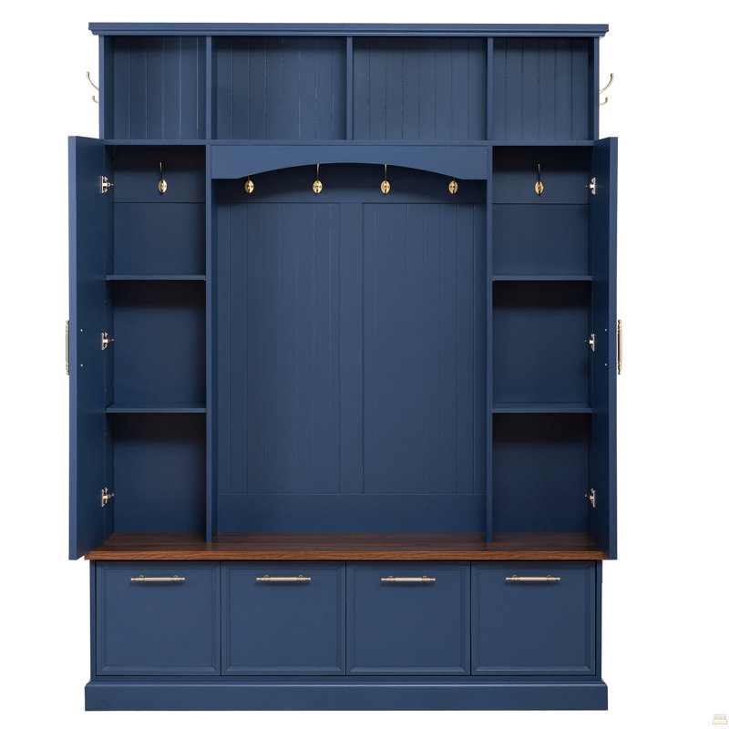 Élégant portemanteau 4-en-1 avec crochets et poignées dorés, banc d'entrée pratique avec tablettes réglables, porte-manteau style maison de campagne en bois de H 76,7 po