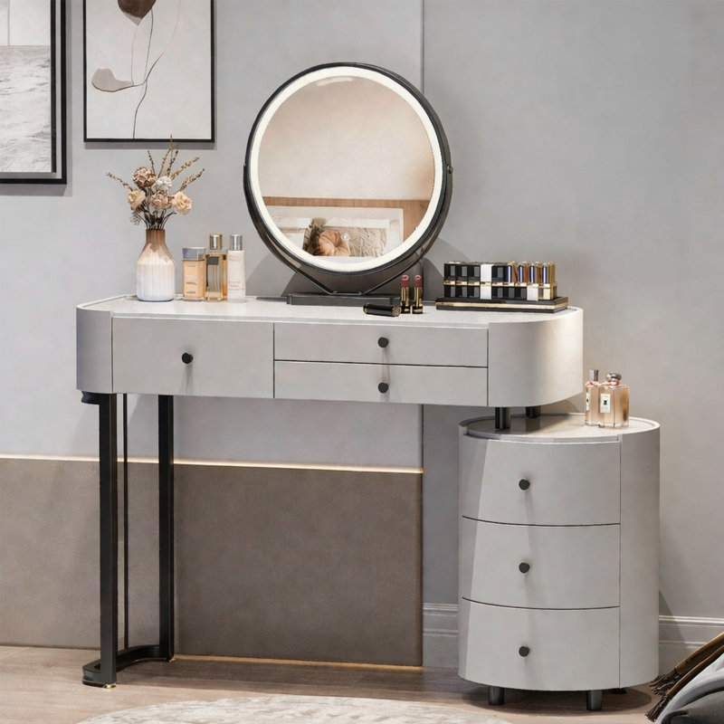 Coiffeuse de maquillage minimaliste avec miroir à DEL amovible, armoire latérale rotative, bureau de coiffeuse pour la chambre à coucher