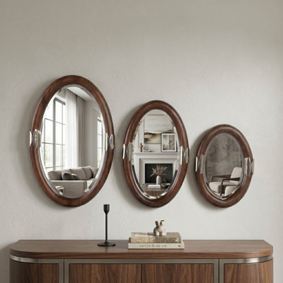 Modern Sheffield Oval Metal Framed Wall Mirror for Vanity Table Display - Decorative Large Mirror for Bathroom Sink - Set of 3, 22",18",14", Brown