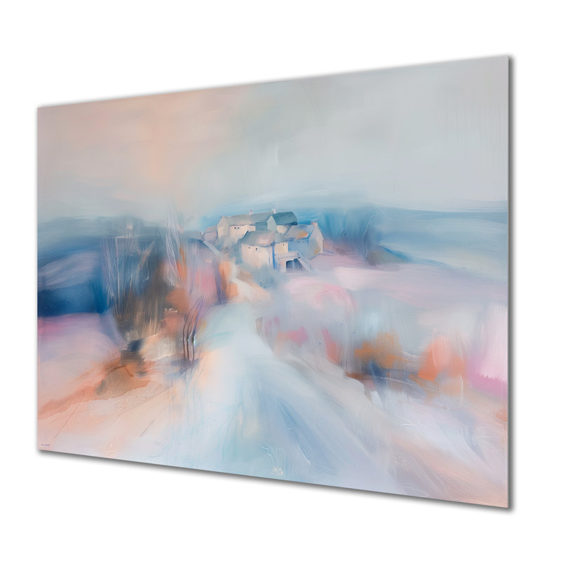 Gris, rose, minimalisme, village, mirage I - ferme, art mural, H 30 po x l 40 po x P 1,5 po, Sans cadre en métal