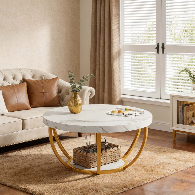 Table basse centrale à 2 niveaux avec tablettes, Blanc et or