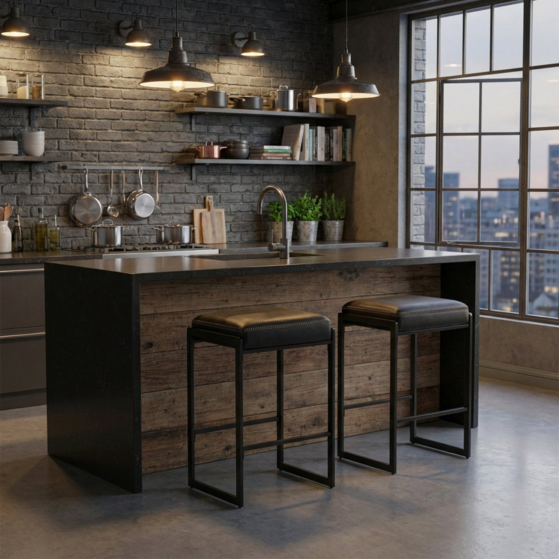Counter Height Bar Stools, Synthetic Leather with Stitching, Black
