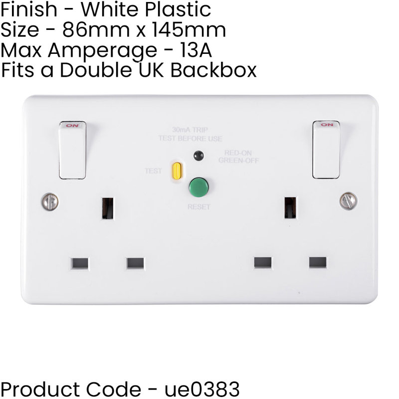2 Gang Double 13A Swithed UK Plug Socket - 30mA Passive RCD WHITE Safety Outlet