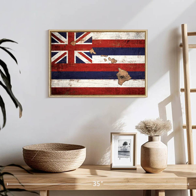 Carte d'État sur le drapeau d'Hawaï, 19 po x 13 po, Cadre flottant en bois naturel