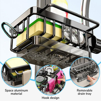 Évier de cuisine multifonctionnel - Porte-éponge en aluminium pour robinet (0,7 à 1,1 po), côté gauche