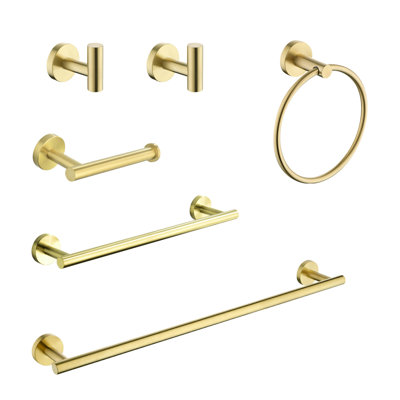 Bathroom 6 Piece Towel Rack , Stainless Steel, Brushed Gold, Wall Mount, Modern Style, Corrosion, Easy To Install Steel 6 Gold Finish, Mount Design, Rust Resistance, Scratch-, Installation