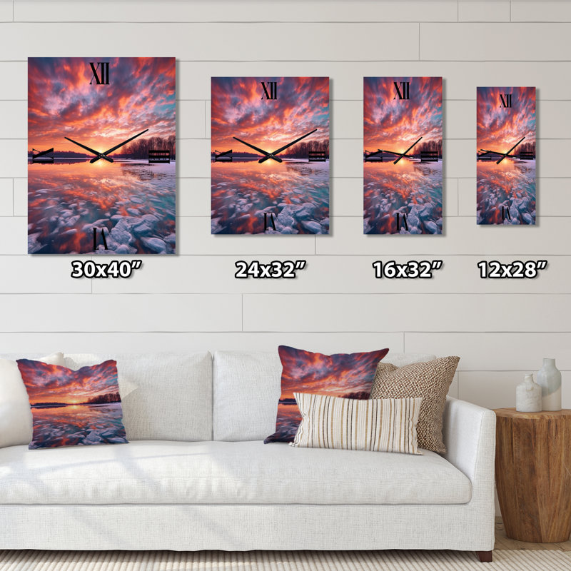 Exquis soleil pastel sur lac glacé Winter Lake - très grandes horloges murales, Grand