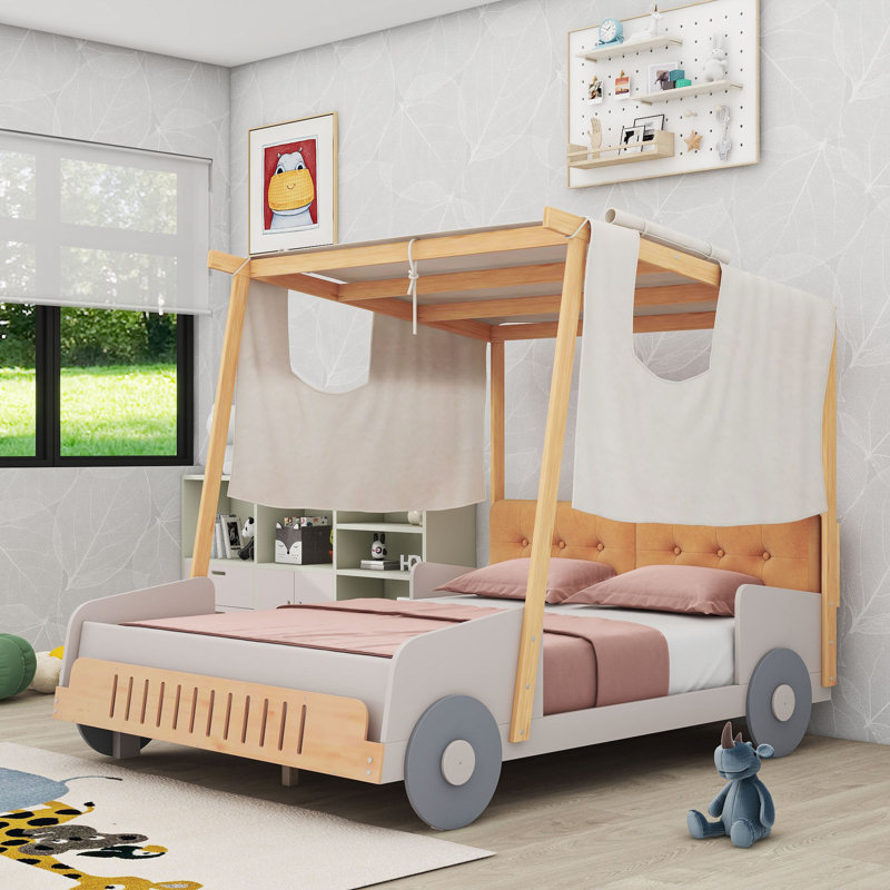 Wooden Car-Shaped Bed With LED Headlights And Backrest, Full