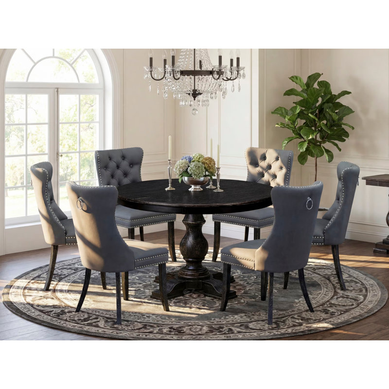 Ensemble de table de cuisine 7 pièces avec 6 chaises de salle à manger en polyester gris platine, un dossier capitonné et une table de cuisine ronde de 48 po au fini noir sablé.