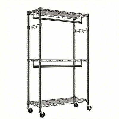 Heavy Duty Rolling Garment Rack 3 Tiers Adjustable Wire Shelving Clothes Rack with 2 Rods and Side Hooks,Storage Closet Clothing Rack with Wheels