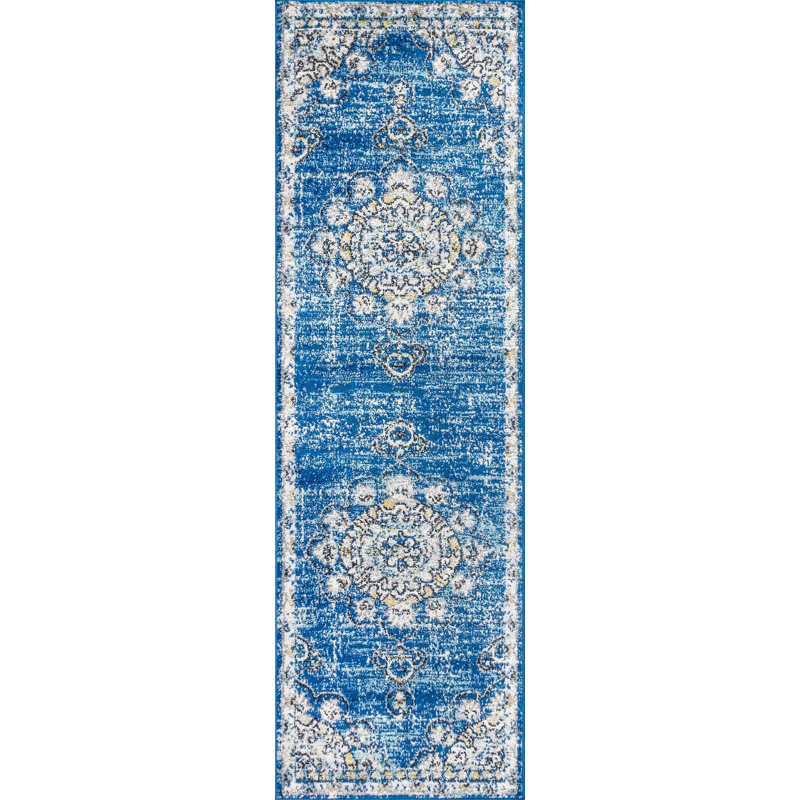 Lathan Bohemian FLAIR Boho Vintage Medallion Blue/Cream Rug, Runner 2'3" x 8'