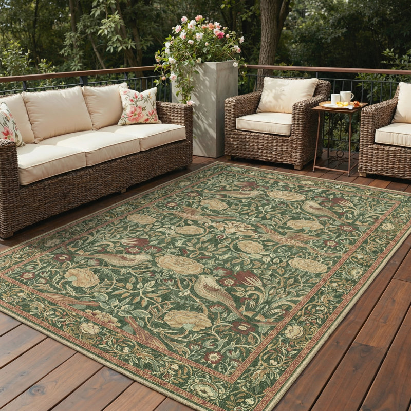 Aura Floral Modern Machine Washable Green / Red / Yellow Indoor Area Rug with Non-Slip Backing, Round 5'