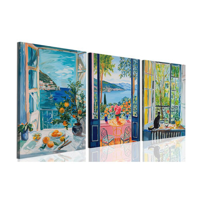 Matisse bleu vue sur la mer, ensemble d'art mural de 3 fleurs de chat noir, décoration murale rétro, fenêtre ouverte, impressions sur toile pour cuisine, salon, 16 x 24 pouces