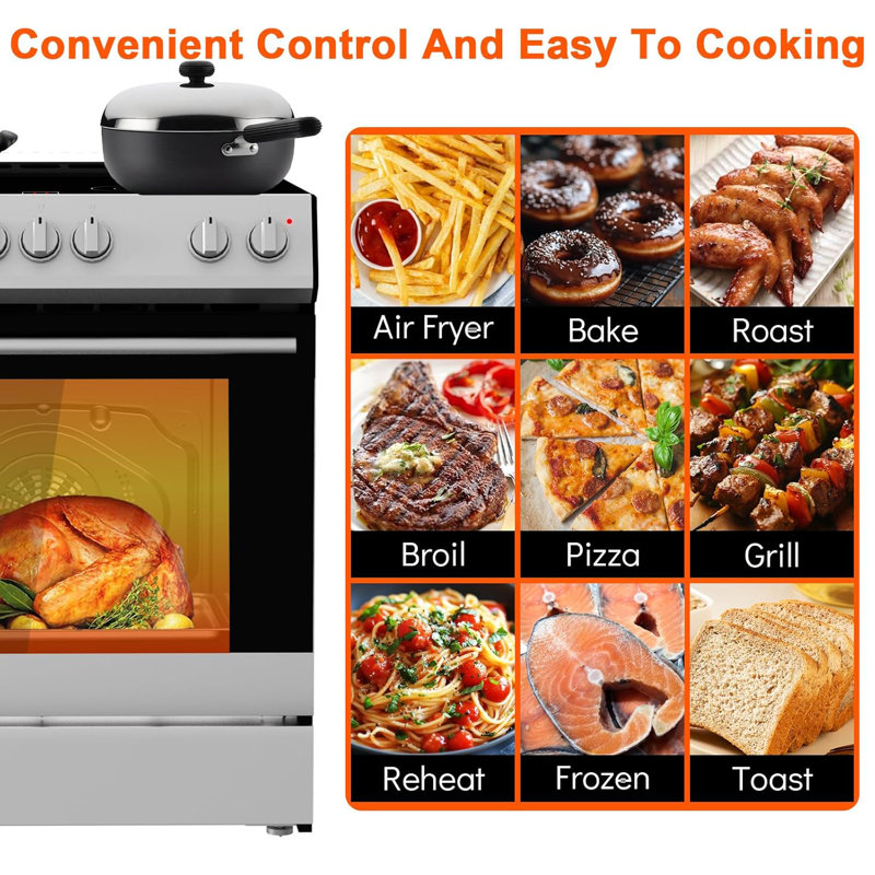 30" Electric Range With 4 Heating Elements Convection Oven 5 Cu. Ft. Capacity, 7 Functions Professional With Smooth Glass Top, Stainless Steel