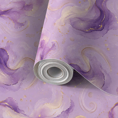 Peel and Stick Wallpaper Contact Paper Mauve liquid watercolor golden glitter lines Pastel violet marble Self Adhesive and Removable 17.7in x 118in(45x300cm)