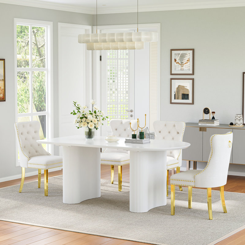 63" Oval Dining Table Set Of 7, Modern Minimalist Cream White Double Base Dining Table, 6 White Velvet Dining Chairs With Gold Stainless Steel Legs, Nailhead Trim