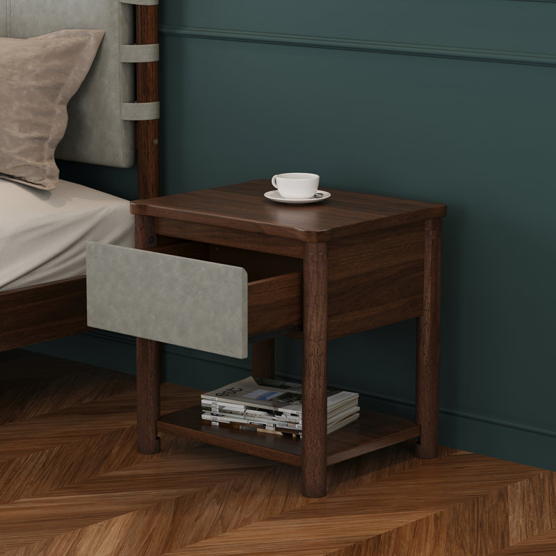 Ensemble de base de lit moderne avec 2 tables de chevet, Grand, Gris clair / noyer