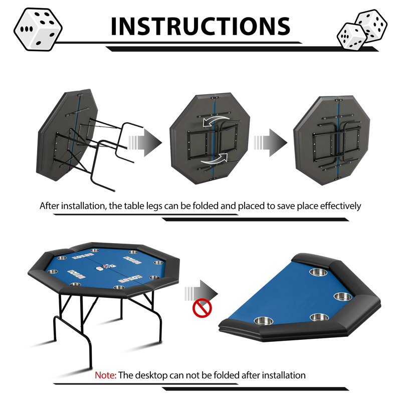 Table de poker professionnelle pliable octogonale pour 8 joueurs - table de jeu de style casino, Noir mat / bleu