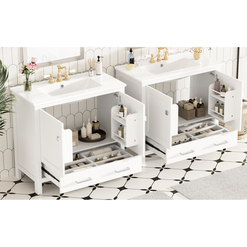 Meuble-lavabo de 72 po avec armoire blanche, deux lavabos en céramique et un grand espace sous le lavabo pour les produits de nettoyage avec tablettes à deux couches, poignées en alliage de zinc à tiroir