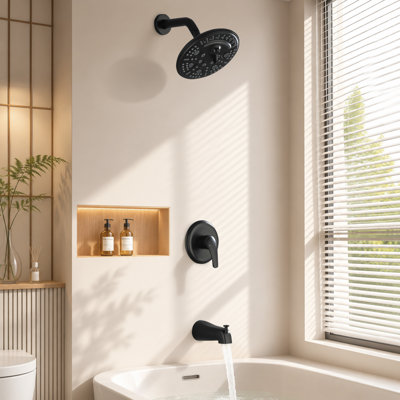 8-Inch 6-Function Rainfall Shower System, Pressure-Balanced Tub & Shower Faucet Set with Brass Valve, Matte