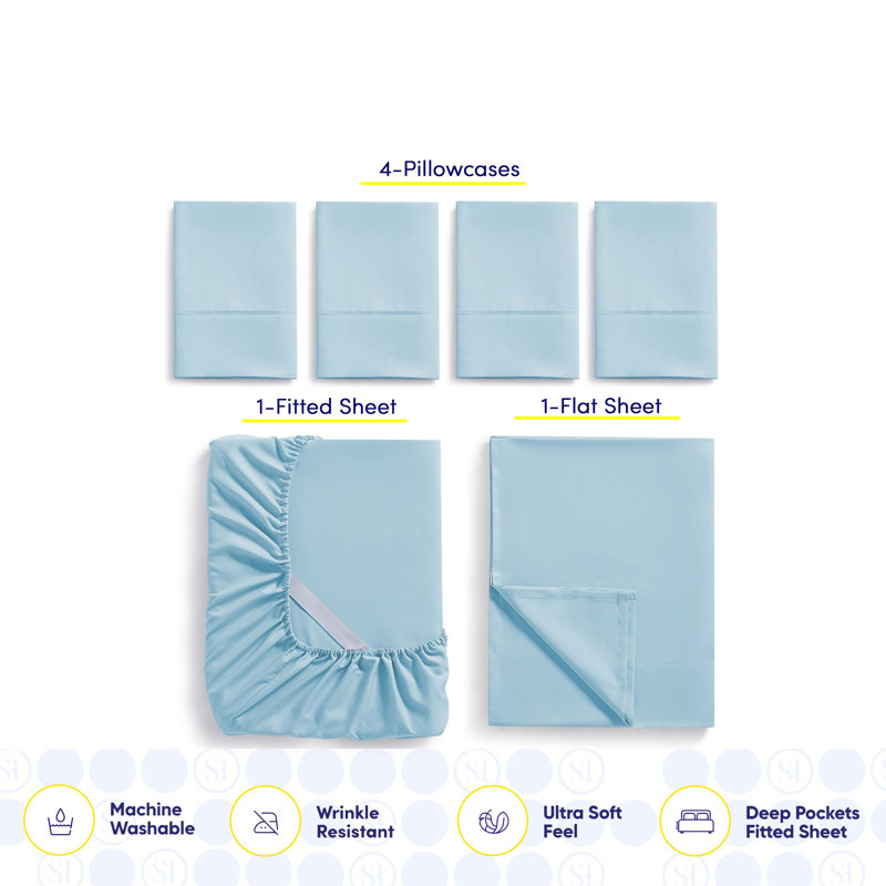 Ensemble de draps luxueux en microfibre douce avec taies d'oreiller en prime, Double, Bleu clair