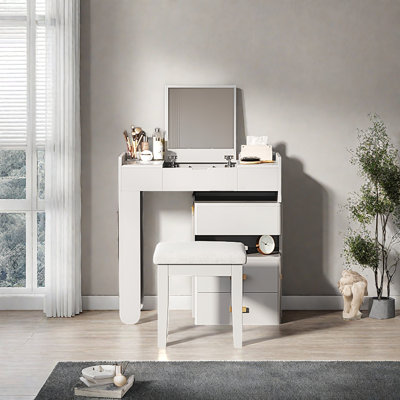 Meuble-lavabo 3 en 1 avec miroir rabattable, éclairage DEL, longueur réglable et grands tiroirs - Coiffeuse multifonctionnelle élégante pour la maison
