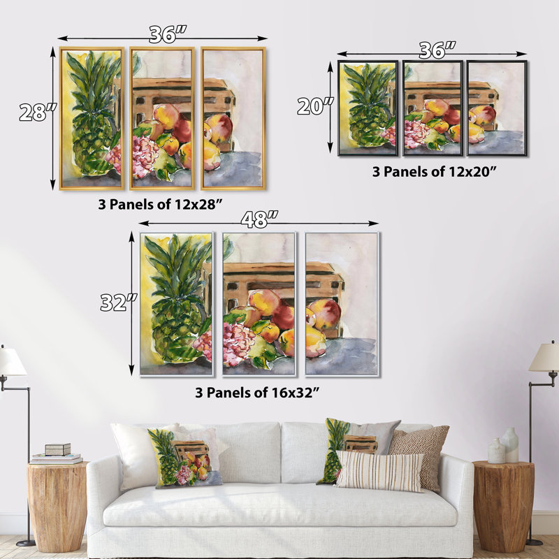 «Vintage Fruits V», peinture sur toile flottante 3 pièces, L 36 po x H 20 po, Cadre brun