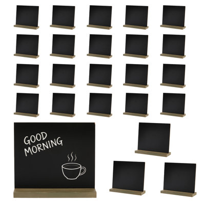 Paquet de 24 mini-panneaux de table en bois à simple face rétro, 5,9 x 5,1 pouces, tableaux noirs effaçables réutilisables avec supports en bois, étiquettes pour les cafés, numéros de table de mariage et comptoir de fête