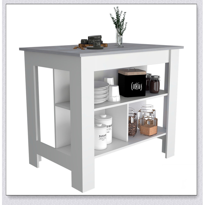 Rockaway 3-Shelf Kitchen Island with Ibiza Marble Top, Spacious and Versatile for Modern Kitchens and Efficient Storage.