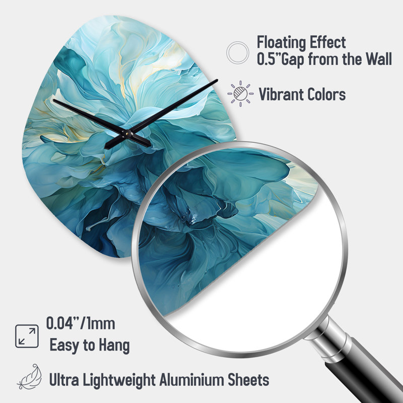 Aqua Blue And White Serenity Swirl IV - Abstract Spirals Asymmetrical Metal Clock, Blue Unique Shape Wall Clock Print, Large