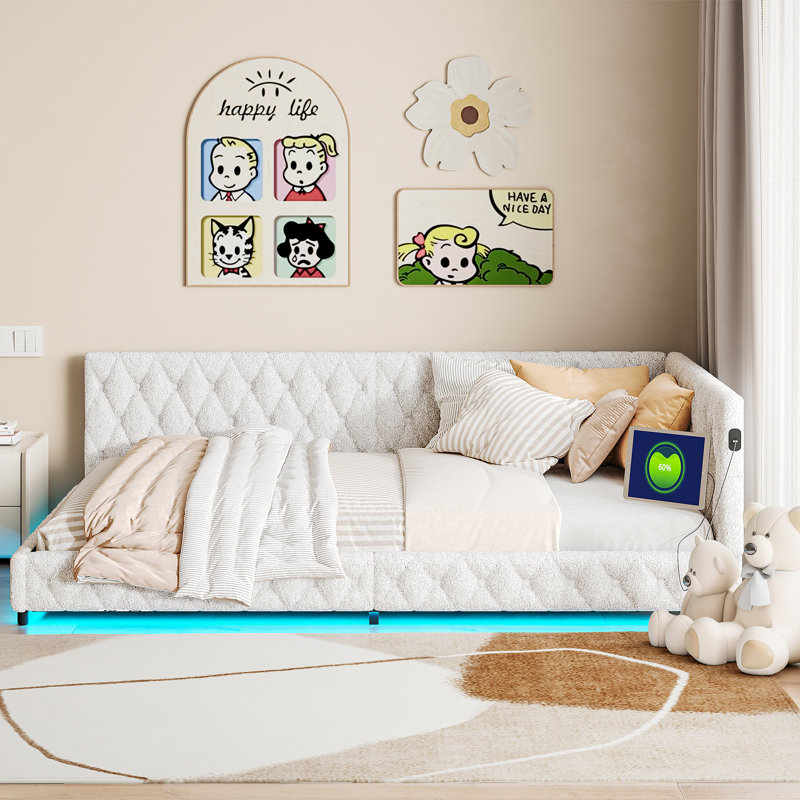 Desoto Teddy Fabric Upholstered Daybed With LED, USB & Type-C Charging Ports, Double (4'6), White