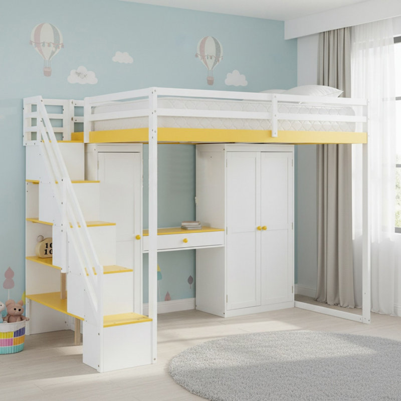 Solid Wood Full Size Loft Bed with Storage Staircase, Built-In Dressing Table with Mirror and USB Charging Ports for Bedroom