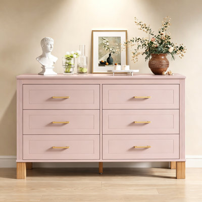 47.24" 6-Drawer Double Dresser with Metal Handles & Solid Wood Legs, Modern Storage Cabinet for Kids Bedroom, Heavy-Duty Wooden Dresser with Pre-Installed Ball-Bearing Slides, Mid-Century Style Chest for Bedroom, Nursery, Entryway