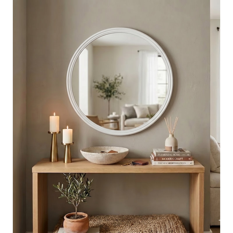 30" Round Carved Wooden Frame Accent Wall Mirror, White Decorative Mirror for Bathroom Vanity, Modern Farmhouse Hanging Wall Decor