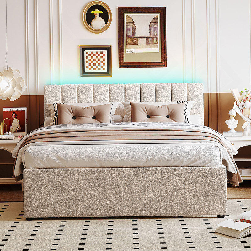 Lit plateforme tapissier Teddy, Beige, Double