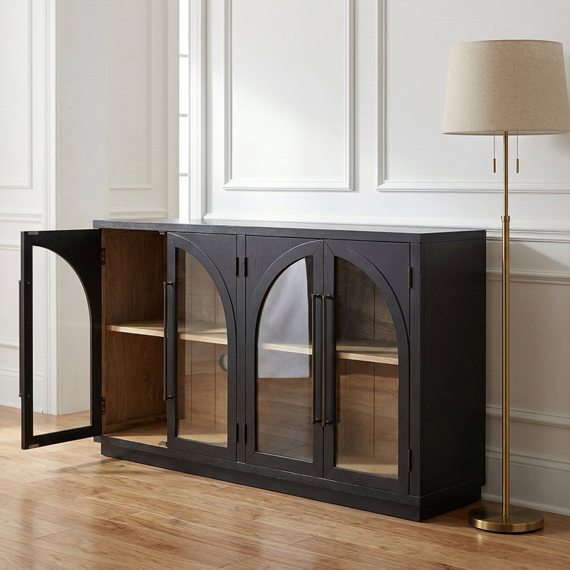 Large Storage Sideboard With Glass Doors And Unique Arched Design For Dining Room, Black