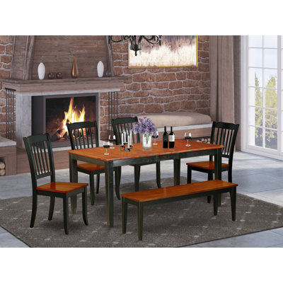 6 Piece Kitchen Set Contains a Rectangle Dining Table with Butterfly Leaf and 4 Dining Chairs with a Bench, Black & Cherry