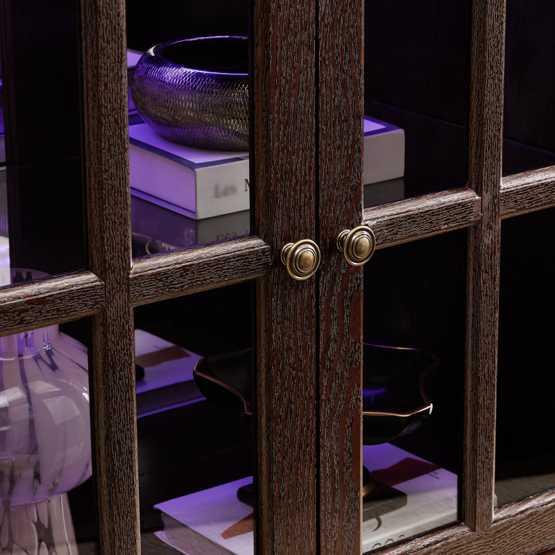Captivating Antique Cherry Display Cabinet With Adjustable Glass Shelves And Led Strip Lights Beautiful Efficient An Elegant Design