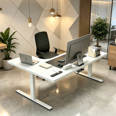 White Electric Height Adjustable Solid Wood Desk with Safety Protection & Plug-in Power Supply