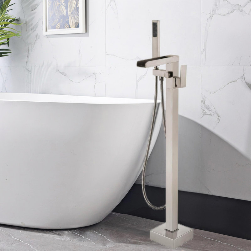 Robinet de baignoire sur pied pour salle de bain avec robinet à fixation au sol et douche à main, Nickel brossé