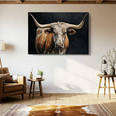 Texas Longhorn Canvas, Western Cow Wall Art - Rustic Farmhouse Bull Print, Moody Cattle Painting for Ranch Decor, Large Animal Picture