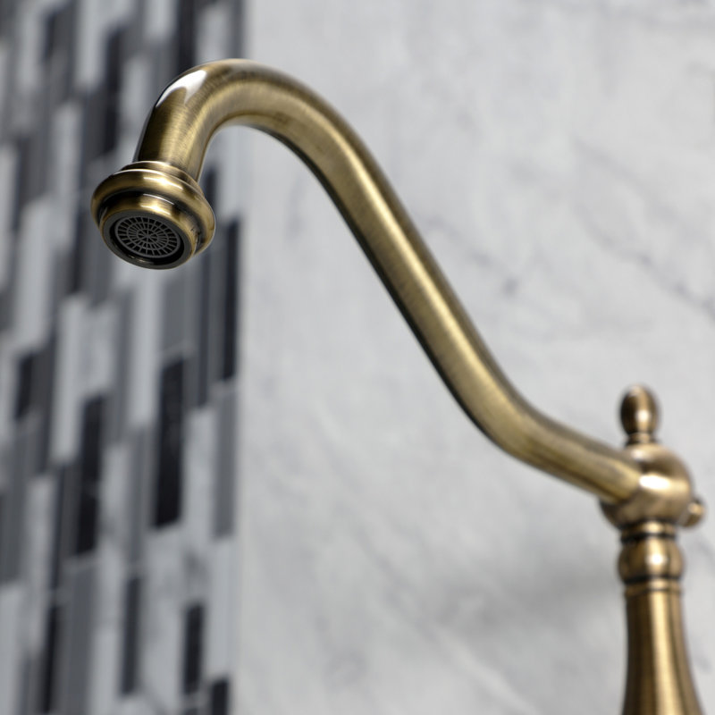 Kingston Brass Heritage Double-Handle 2-Hole Wall-Mount Bridge Kitchen Faucet, Vintage Brass
