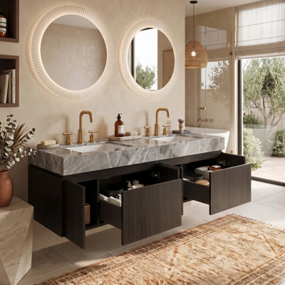 Meuble-lavabo mural moderne 60 po avec dessus en pierre frittée gris clair et éviers en céramique, armoire de rangement en contreplaqué avec 2 tiroirs et 2 portes (grain de bois espresso)